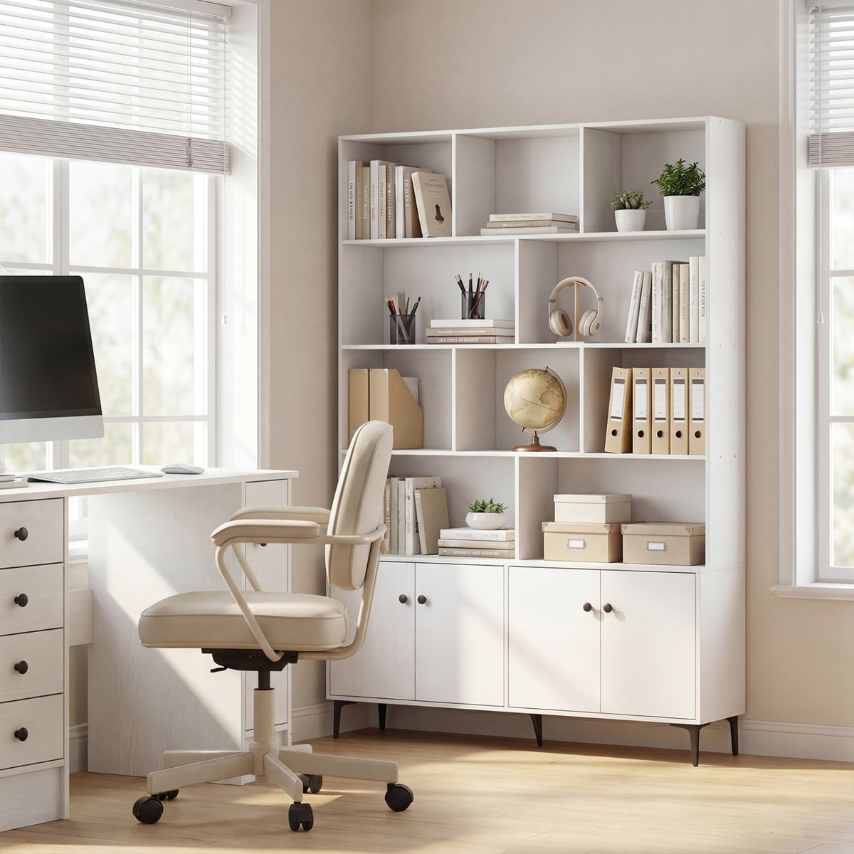 Bookshelf with 4 Doors and 2 Anti-Tipping Kits for Home Office-White
