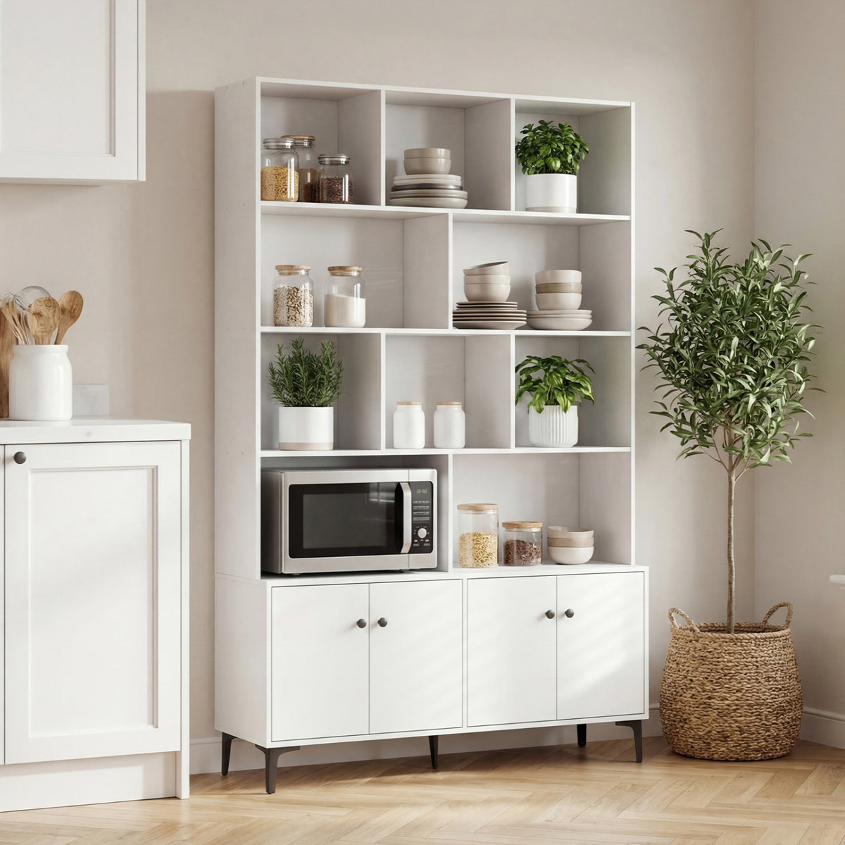 Bookshelf with 4 Doors and 2 Anti-Tipping Kits for Home Office-White
