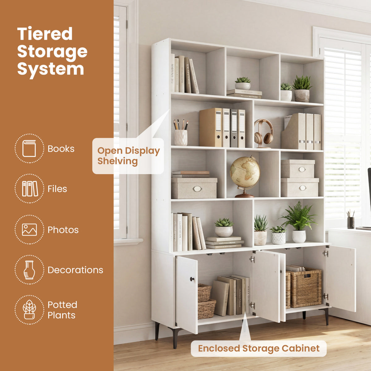 Bookshelf with 4 Doors and 2 Anti-Tipping Kits for Home Office-White