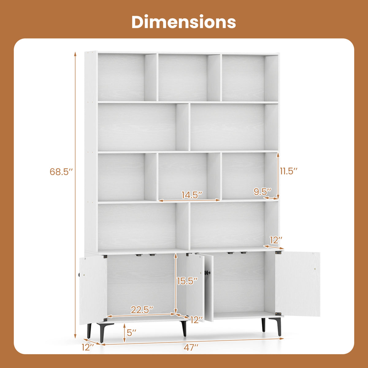 Bookshelf with 4 Doors and 2 Anti-Tipping Kits for Home Office-White