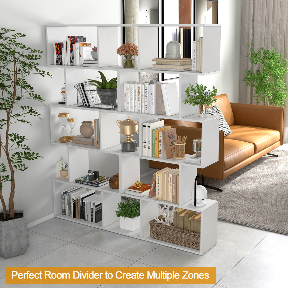 5-Tier Bookshelf with Anti-Toppling Device for Living Room Home Office-White