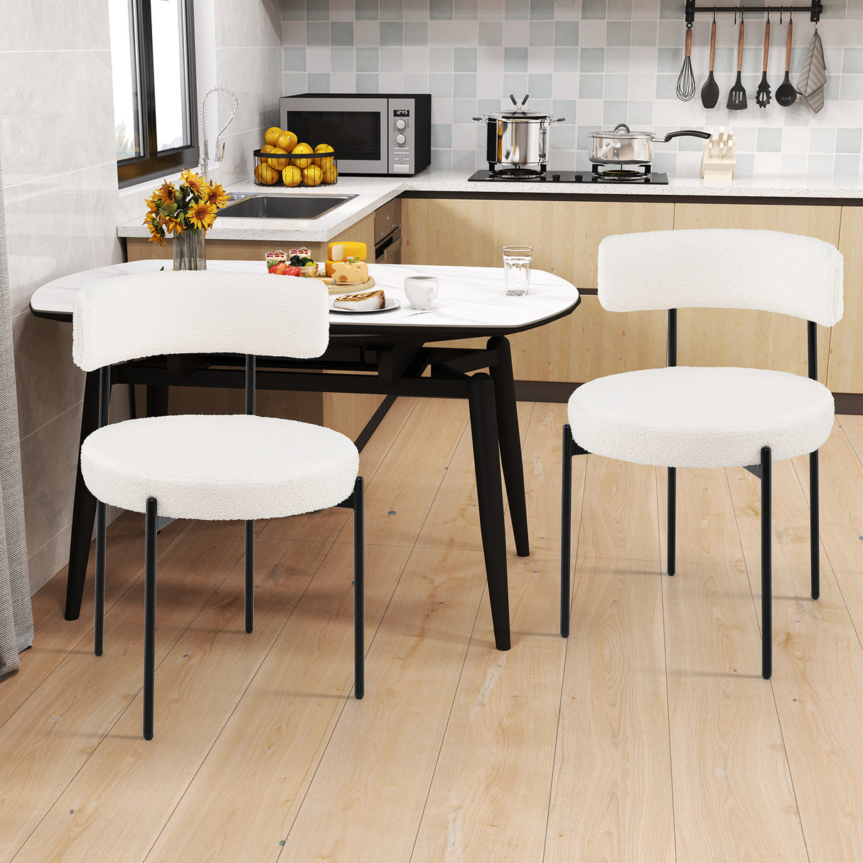 Boucle Dining Chair with Curved Backrest and Metal Legs Set of 2-White