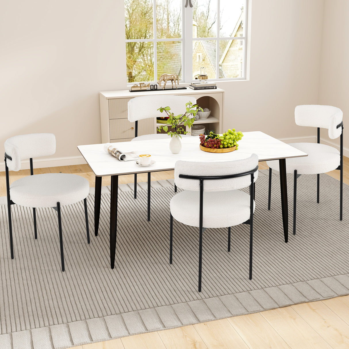 Boucle Dining Chair with Curved Backrest and Metal Legs Set of 2-White