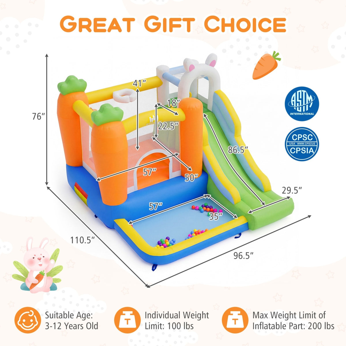 Bounce House for Kids 3-12 with Climbing Wall and 370W Blower for Backyard Party