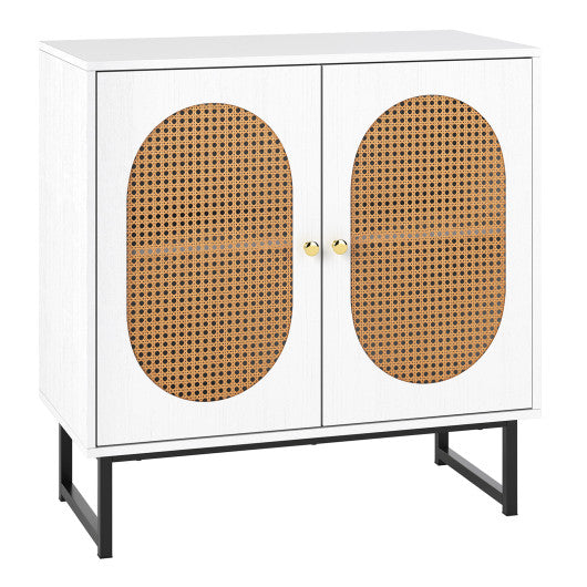 Buffet Cabinet Rattan Storage Cabinet with 2 Doors and Adjustable Shelf-White