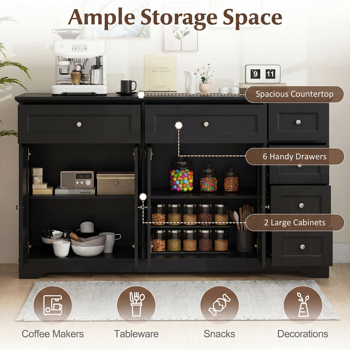Buffet Sideboard 59" Modern Coffee Bar Station Console Table-Black