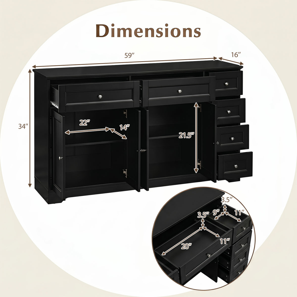 Buffet Sideboard 59" Modern Coffee Bar Station Console Table-Black