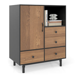 Buffet Sideboard Mid Century Modern Storage Cabinet with 4 Drawers and Open Compartment-Black