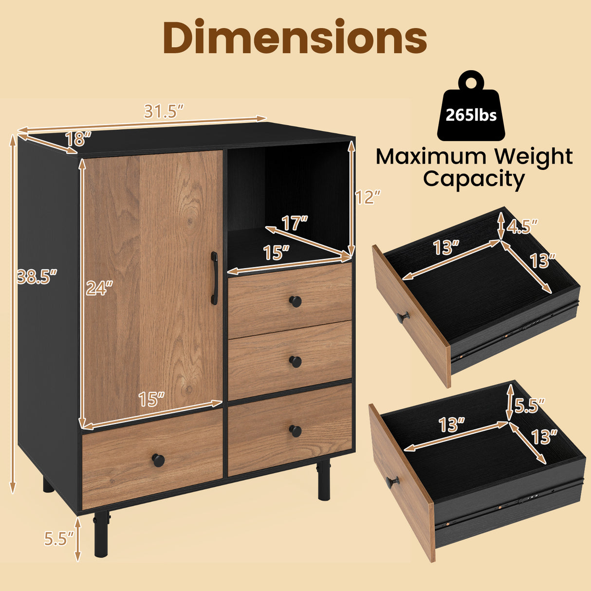 Buffet Sideboard Mid Century Modern Storage Cabinet with 4 Drawers and Open Compartment-Black