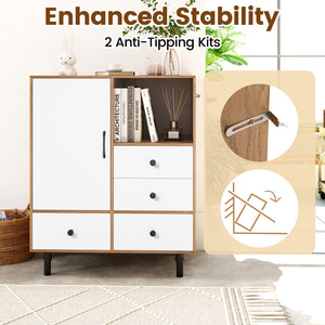 Buffet Sideboard Mid Century Modern Storage Cabinet with 4 Drawers and Open Compartment-Natural