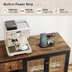 Buffet Sideboard with Doors Power Outlets and LED Light-Rustic Brown