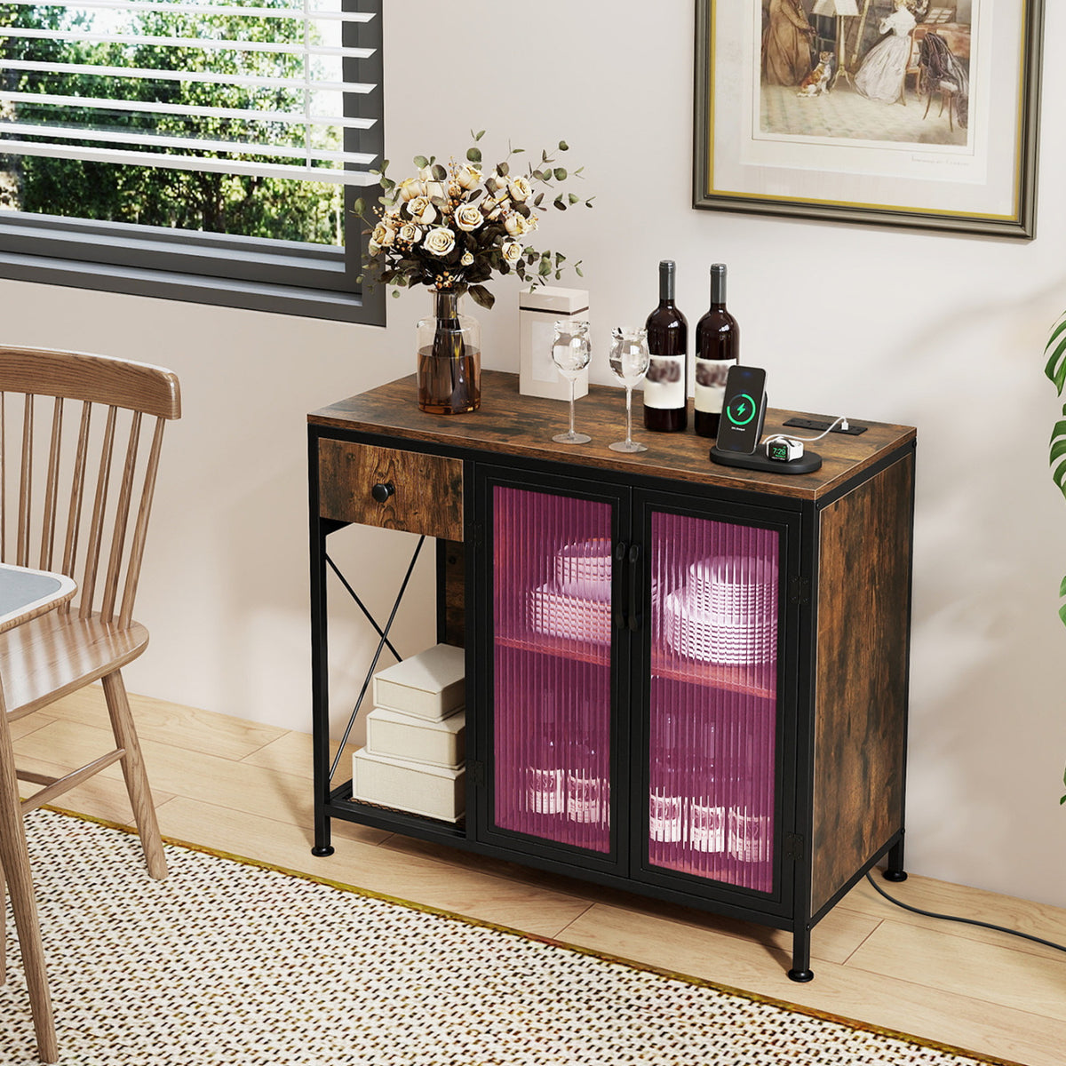 Buffet Sideboard with Doors Power Outlets and LED Light-Rustic Brown