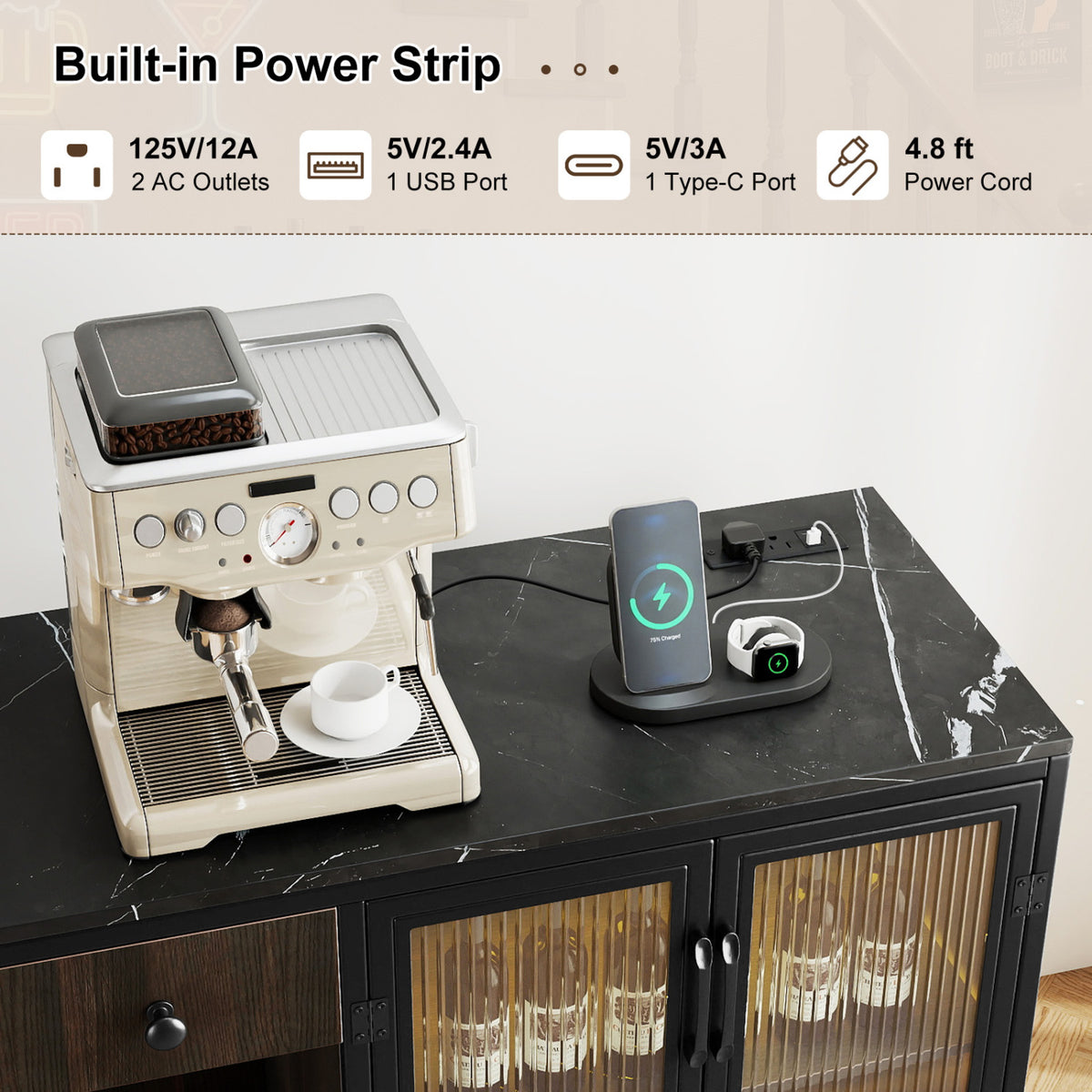 Buffet Sideboard with Doors Power Outlets and LED Light-Black