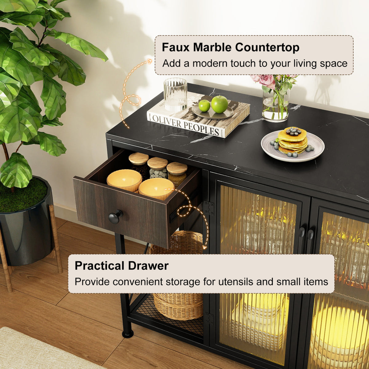 Buffet Sideboard with Doors Power Outlets and LED Light-Black