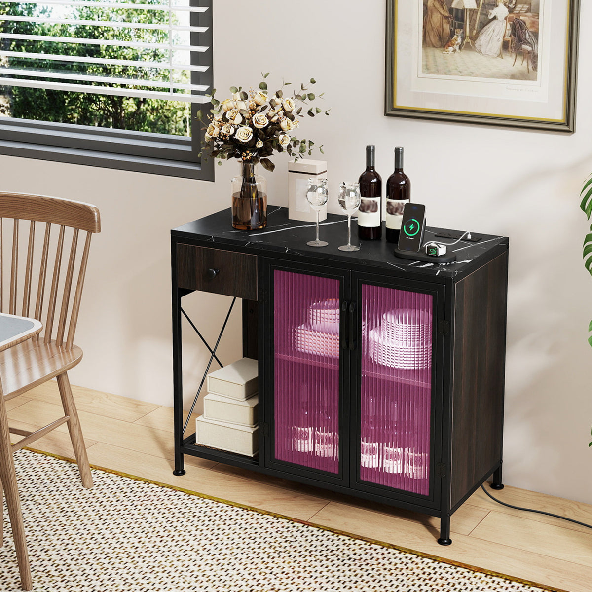 Buffet Sideboard with Doors Power Outlets and LED Light-Black