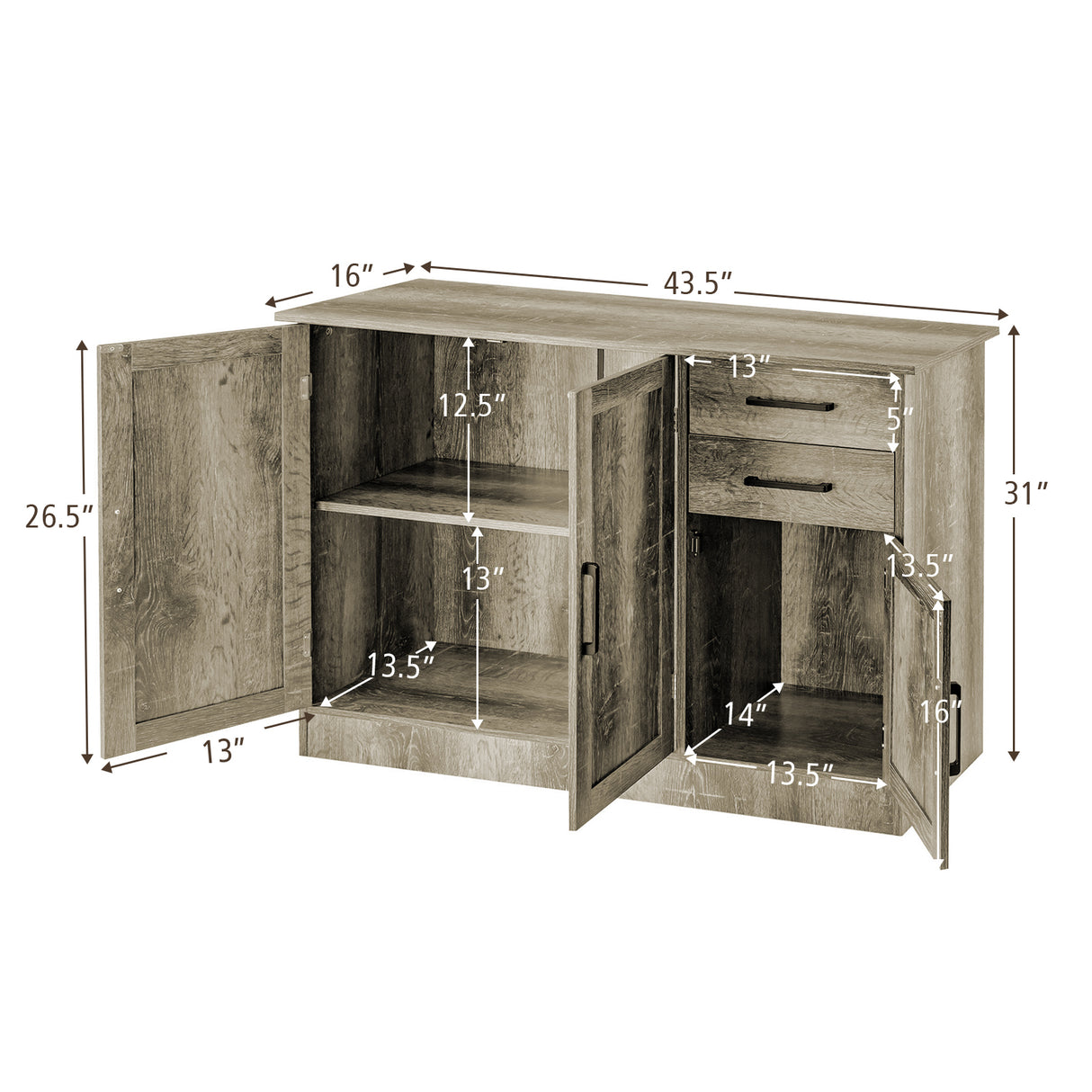 Buffet Storage Cabinet Kitchen Sideboard with 2 Drawers-Gray