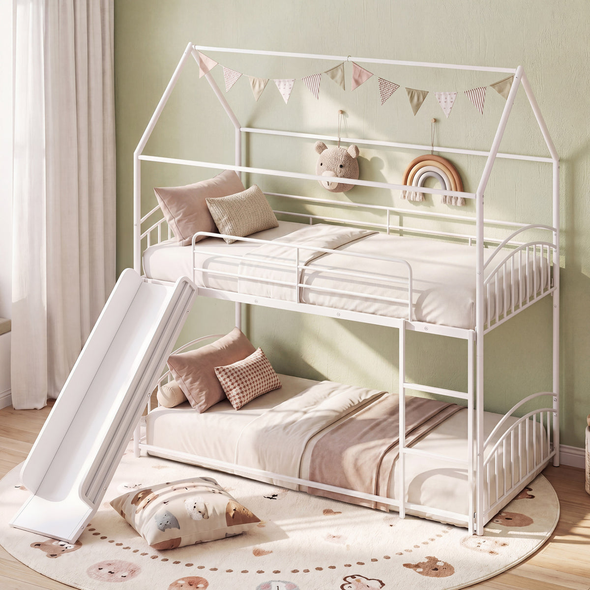 Bunk Bed Twin Over Twin House Bunk Bed Frame with Metal Slats-White