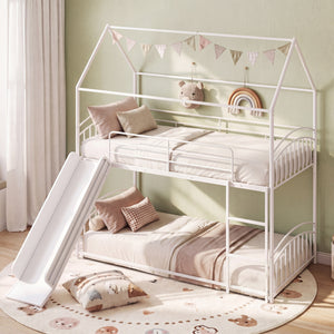Bunk Bed Twin Over Twin House Bunk Bed Frame with Metal Slats-White