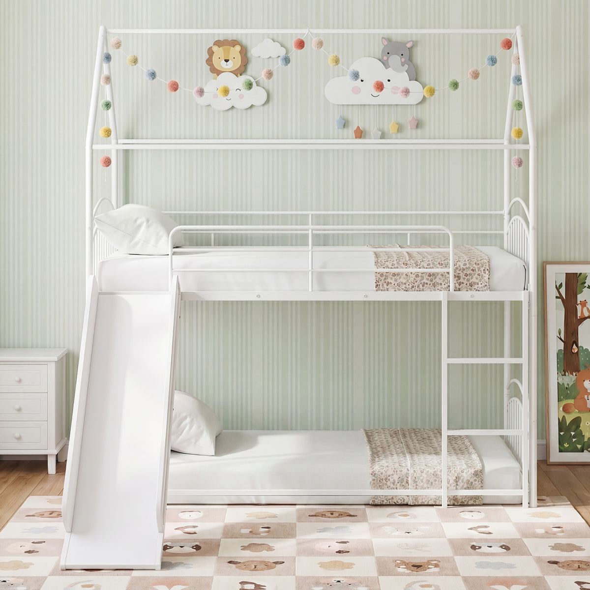 Bunk Bed Twin Over Twin House Bunk Bed Frame with Metal Slats-White