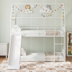 Bunk Bed Twin Over Twin House Bunk Bed Frame with Metal Slats-White