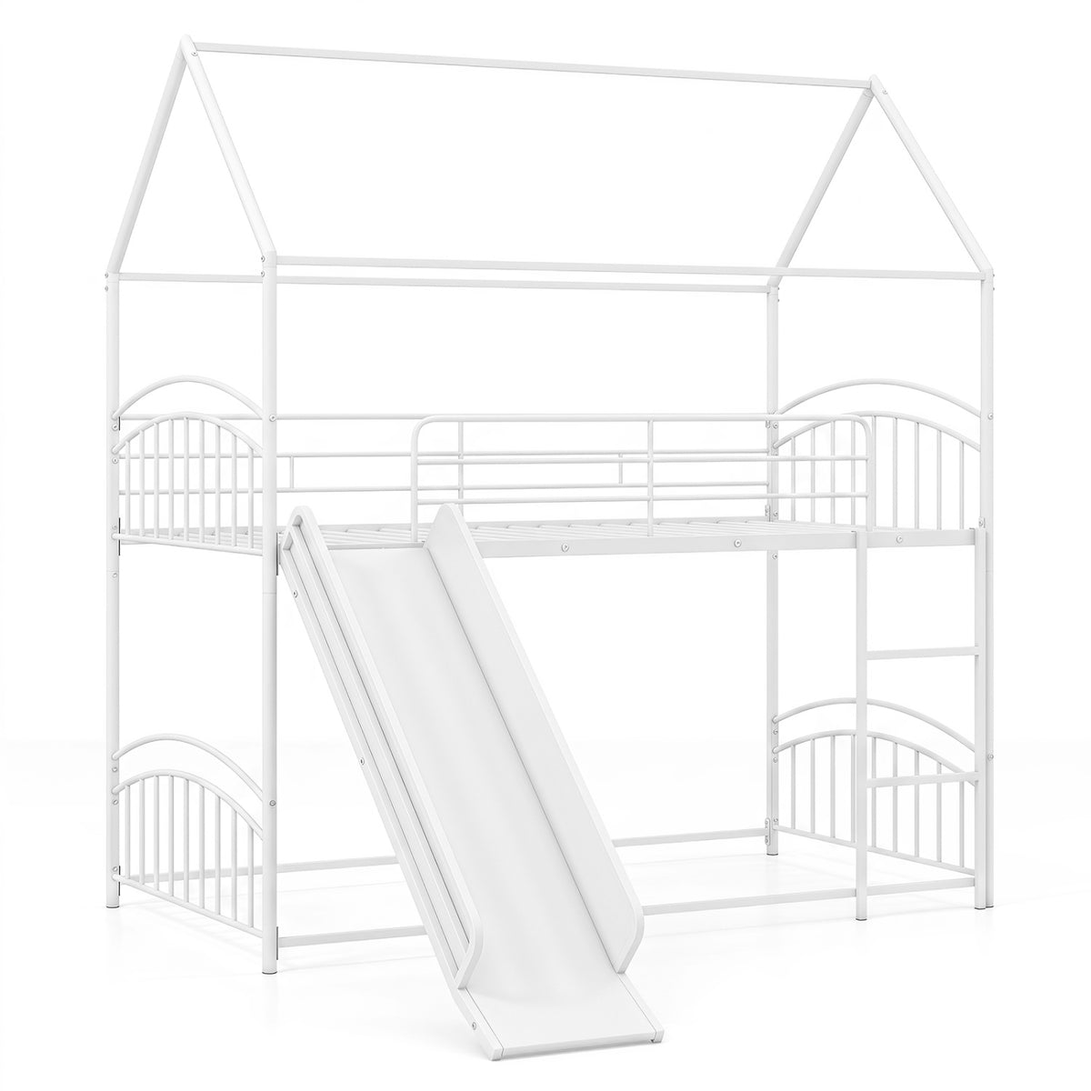 Bunk Bed Twin Over Twin House Bunk Bed Frame with Metal Slats-White