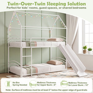 Bunk Bed Twin Over Twin House Bunk Bed Frame with Metal Slats-White