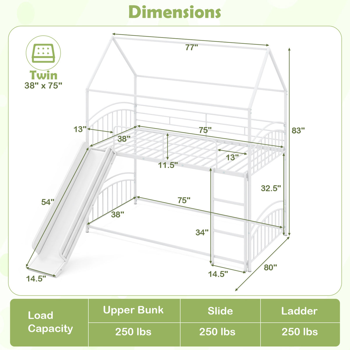 Bunk Bed Twin Over Twin House Bunk Bed Frame with Metal Slats-White