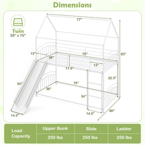 Bunk Bed Twin Over Twin House Bunk Bed Frame with Metal Slats-White