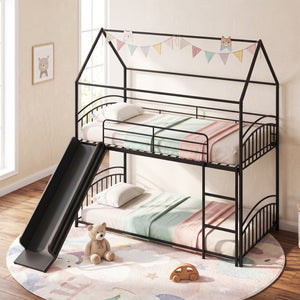 Bunk Bed Twin Over Twin House Bunk Bed Frame with Metal Slats-Black