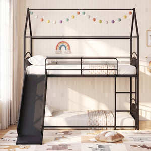 Bunk Bed Twin Over Twin House Bunk Bed Frame with Metal Slats-Black