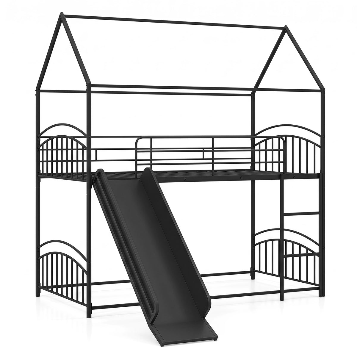 Bunk Bed Twin Over Twin House Bunk Bed Frame with Metal Slats-Black