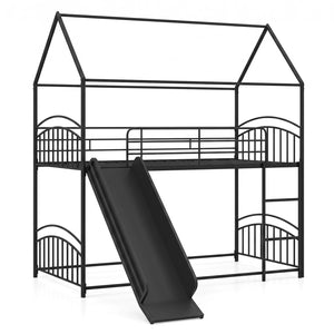 Bunk Bed Twin Over Twin House Bunk Bed Frame with Metal Slats-Black
