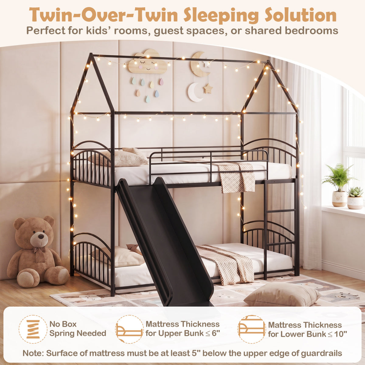 Bunk Bed Twin Over Twin House Bunk Bed Frame with Metal Slats-Black