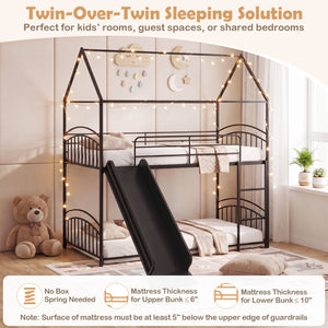 Bunk Bed Twin Over Twin House Bunk Bed Frame with Metal Slats-Black
