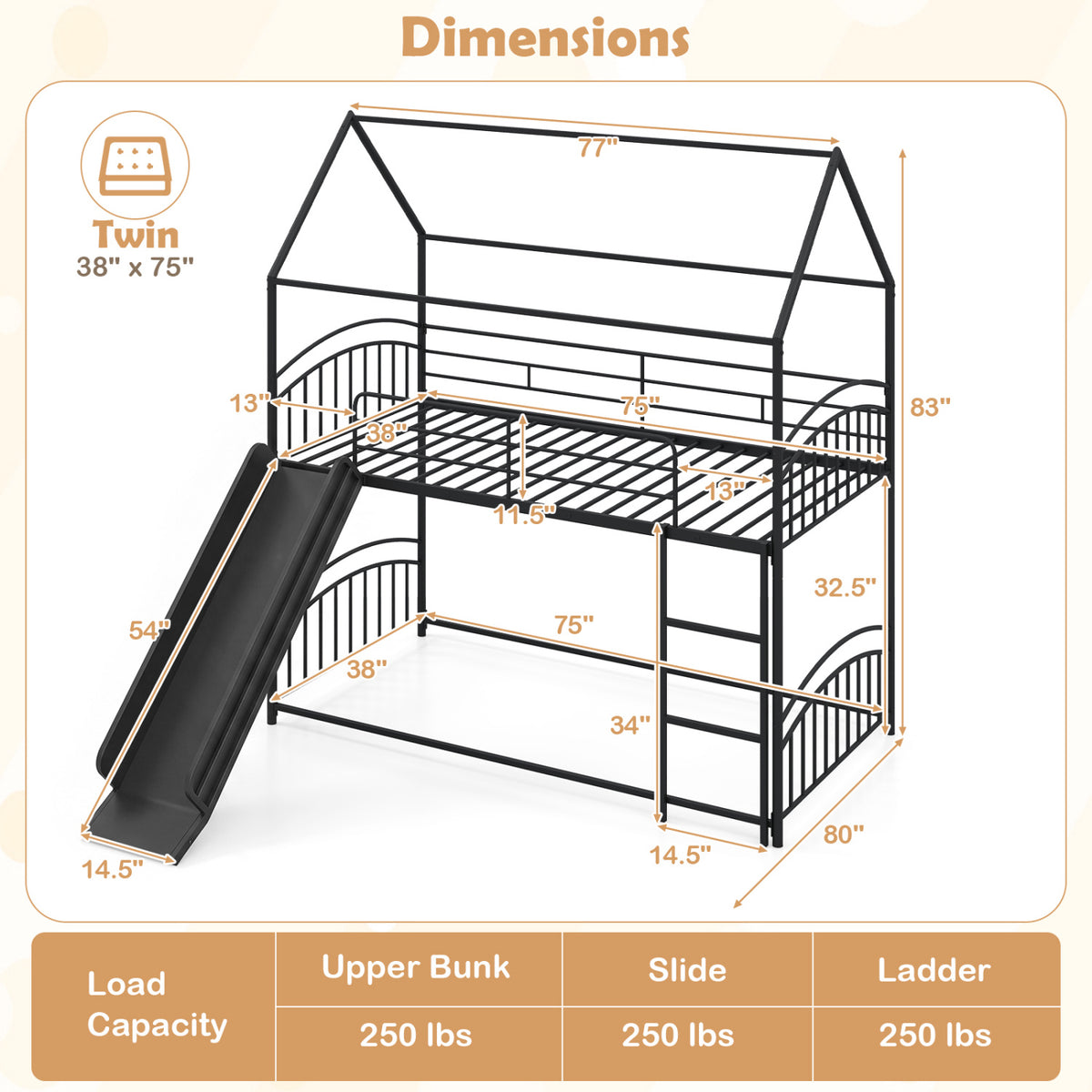 Bunk Bed Twin Over Twin House Bunk Bed Frame with Metal Slats-Black