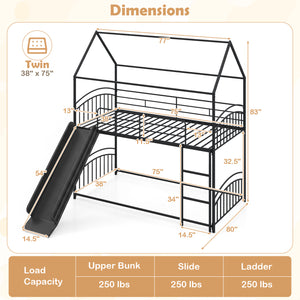 Bunk Bed Twin Over Twin House Bunk Bed Frame with Metal Slats-Black