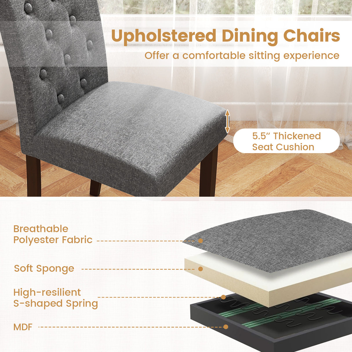 Button Tufted Fabric Upholstered Wooden Dining Chair Set of 2 with High Curved Back-Gray