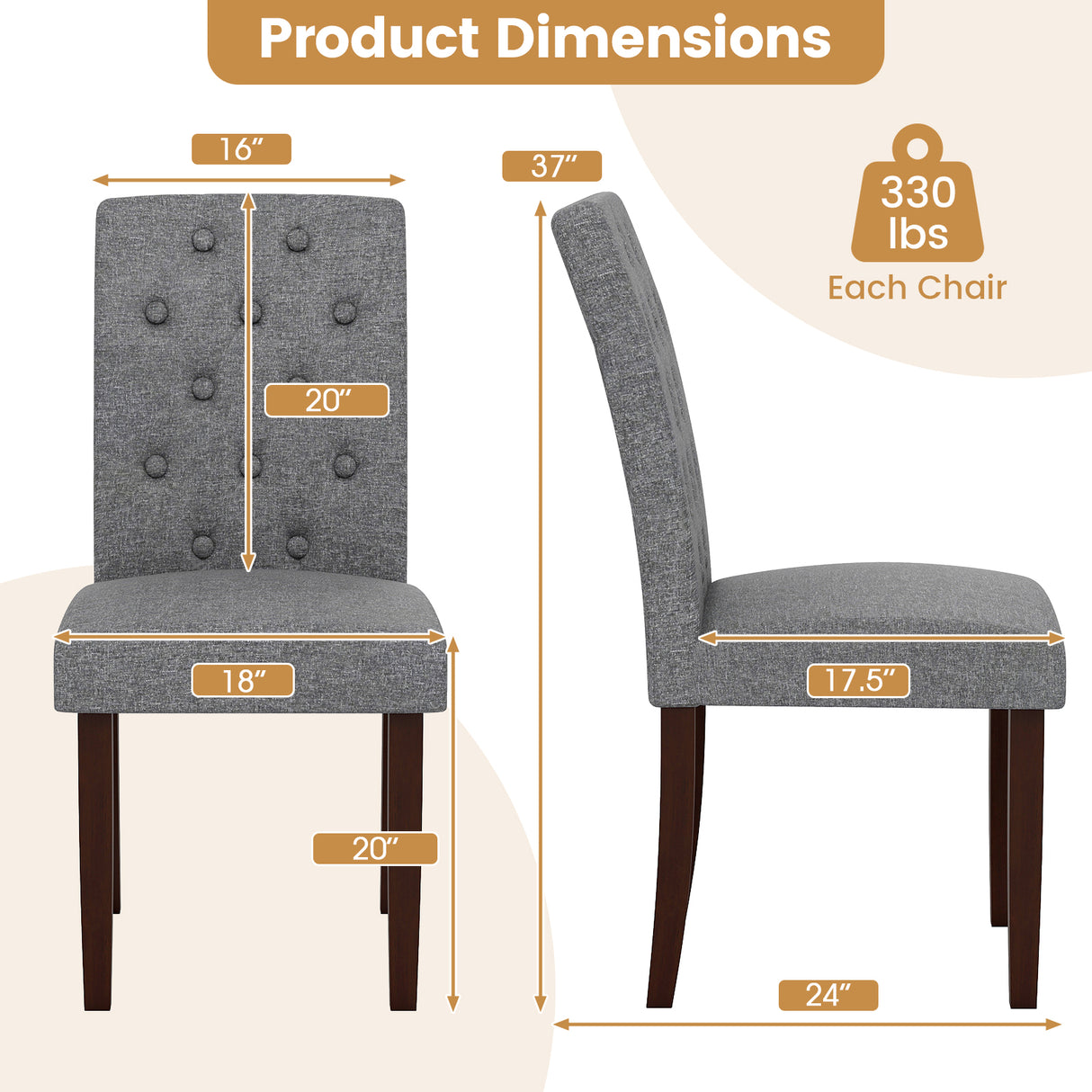 Button Tufted Fabric Upholstered Wooden Dining Chair Set of 2 with High Curved Back-Gray