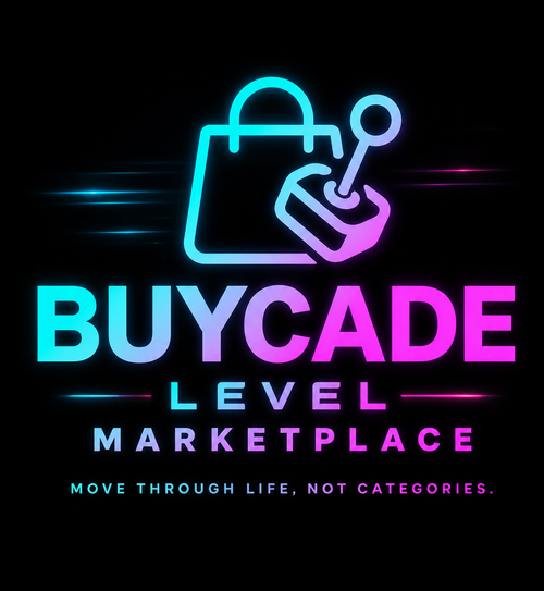 A neon-style logo on a black background with a glowing shopping bag and key icon above the words 'BUYCADE LEVEL MARKETPLACE' and the tagline 'MOVE THROUGH LIFE, NOT CATEGORIES.'.