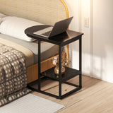 C-shaped Modern Sofa Side Table with Faux Marble Tabletop and Storage Shelf-Black