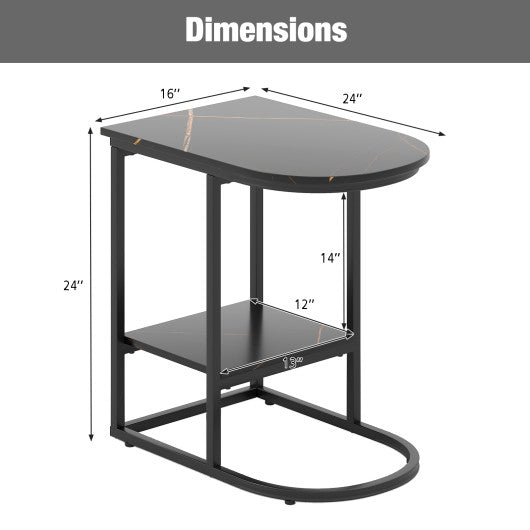 C-shaped Modern Sofa Side Table with Faux Marble Tabletop and Storage Shelf-Black