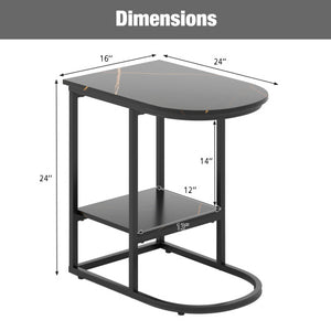 C-shaped Modern Sofa Side Table with Faux Marble Tabletop and Storage Shelf-Black