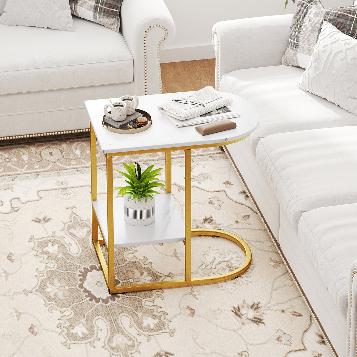 C-shaped Modern Sofa Side Table with Faux Marble Tabletop and Storage Shelf-White