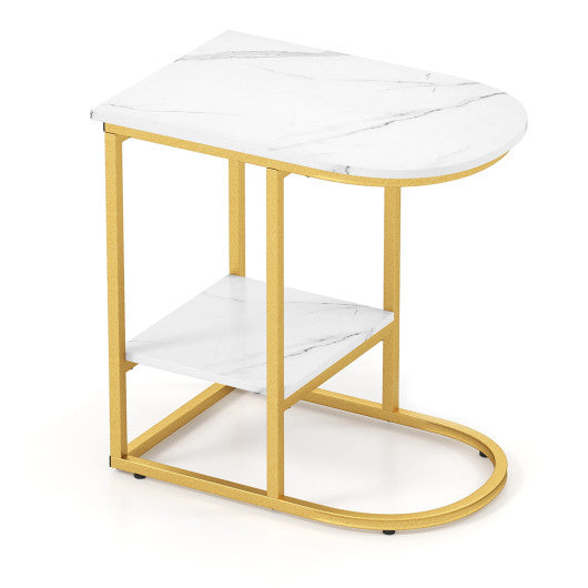 C-shaped Modern Sofa Side Table with Faux Marble Tabletop and Storage Shelf-White