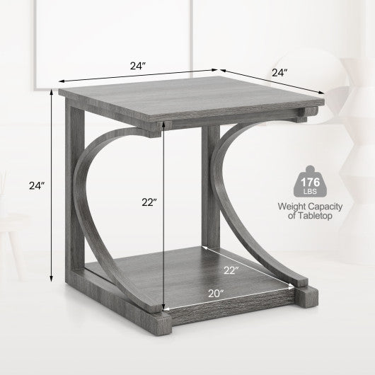 C-shaped 24 Inch 2 Tier Square End Table Sofa Side Table-Grey