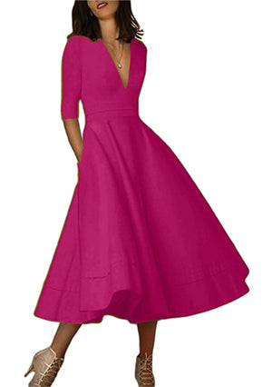 YMING Ladies 50s Vintage V Neck Cocktail Dress Plain Half Sleeve Party Cocktail Dress with Pockets Rose 3XL