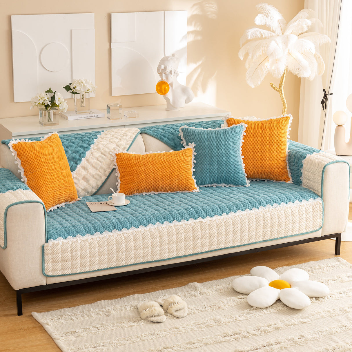 Non-Slip Sectional Couch Cover with Lace, Furniture Protector for Dogs, Pets, and Kids III