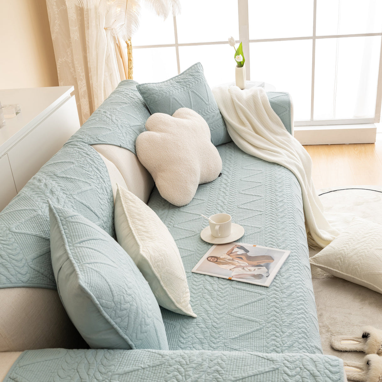 Geometric Textured Cotton Quilted Sofa Cover, Non-Slip Washable Couch Protector