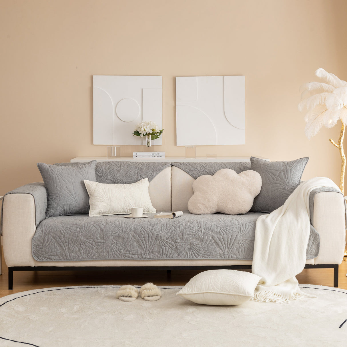 Embossed Leaf Cotton Quilted Sofa Cover Non-Slip Couch Protector with Thick Padding