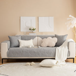 Embossed Leaf Cotton Quilted Sofa Cover Non-Slip Couch Protector with Thick Padding